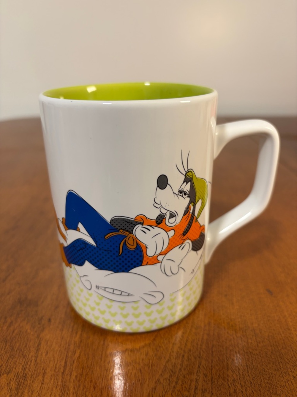 Disney Goofy Coffee Mug Funny Quote WAY Too Early Mornings White Green Interior